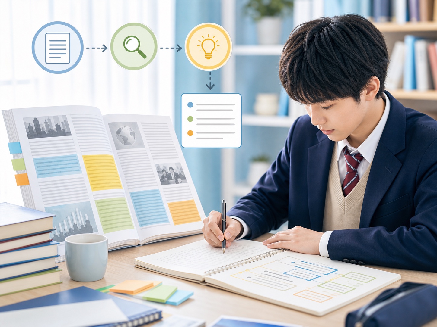 英検®2級の社会的な長文と要約問題を整理する高校生のイメージ