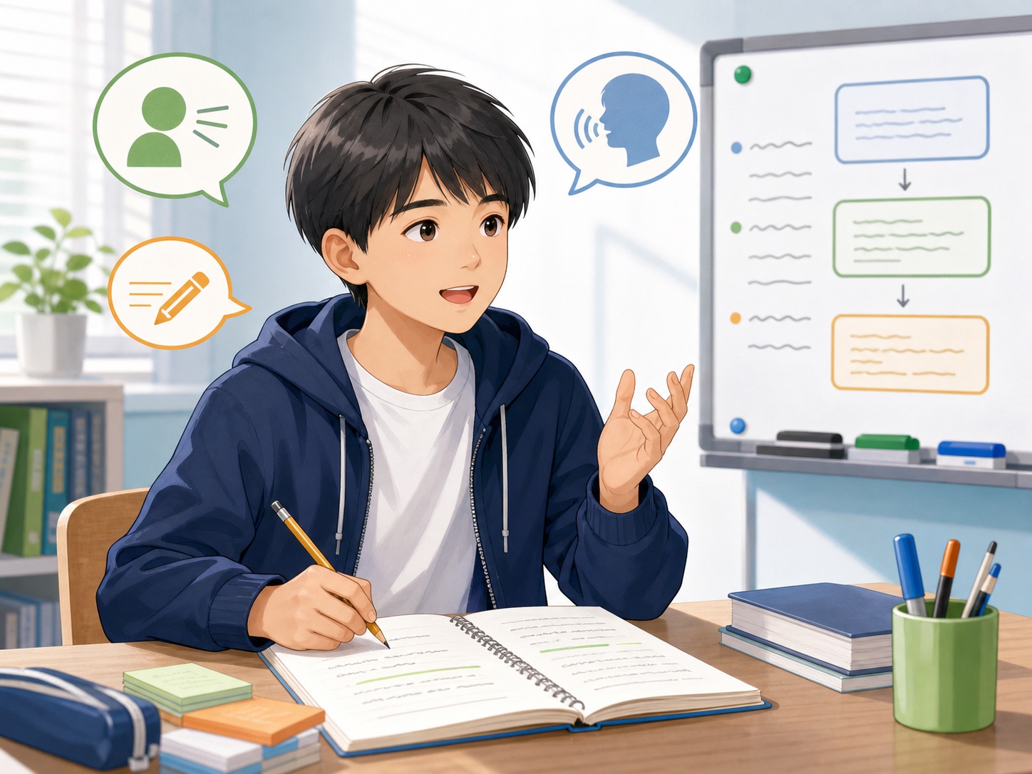 英検®3級のライティングと面接練習に取り組む中学生のイメージ