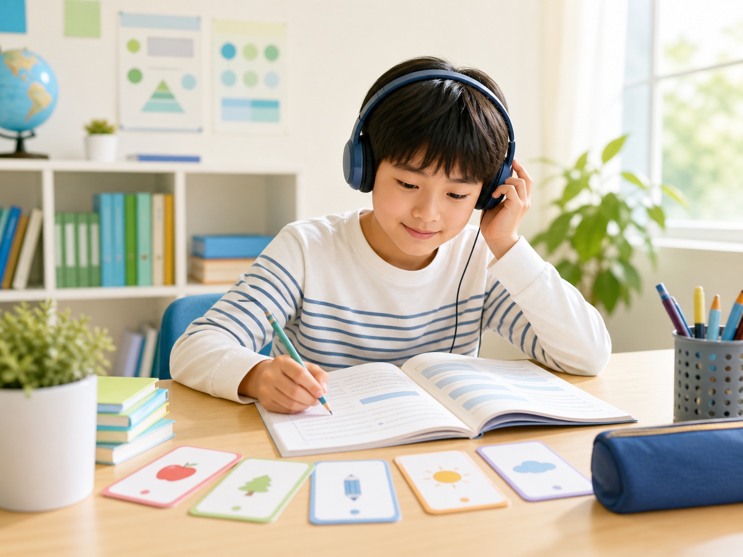 英検®4級の短い長文とリスニングを練習する小学生のイメージ
