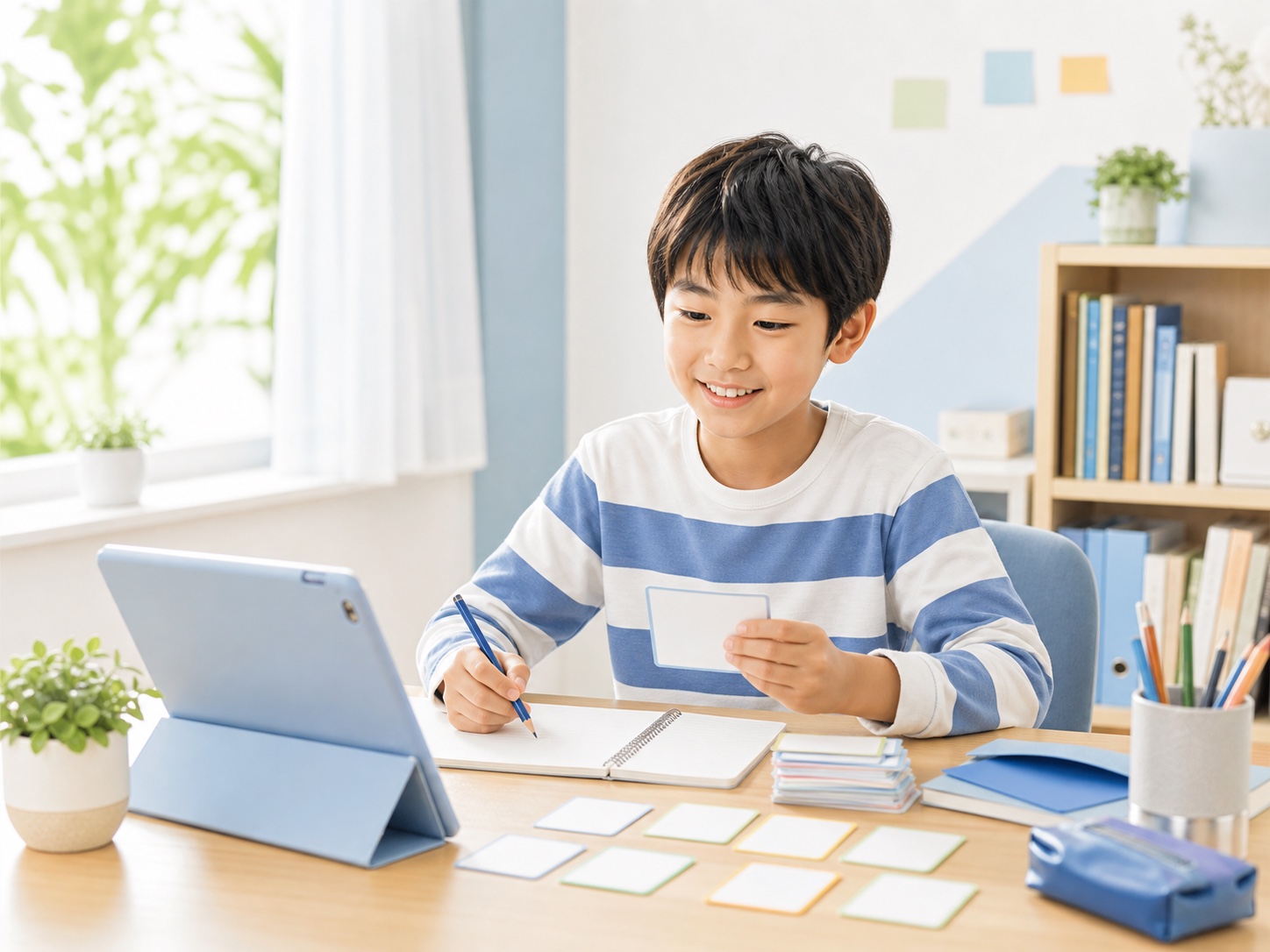 単語カードとタブレットを使って英検®5級の基本単語を練習する小学生のイメージ