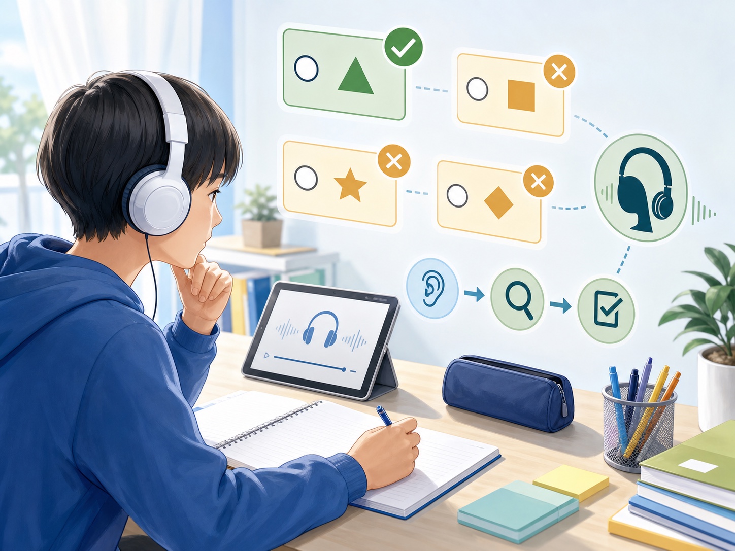 リスニング問題の選択肢を先読みし、消去法で整理する学習イメージ