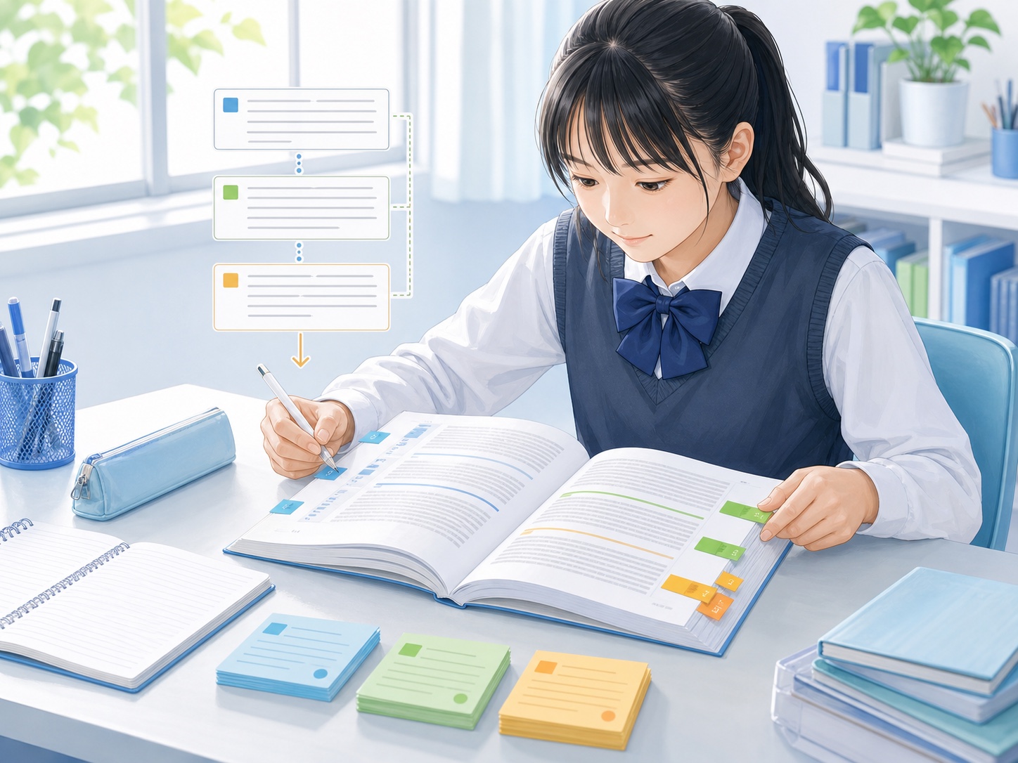 長文を段落ごとに整理しながら読む中学生のイメージ