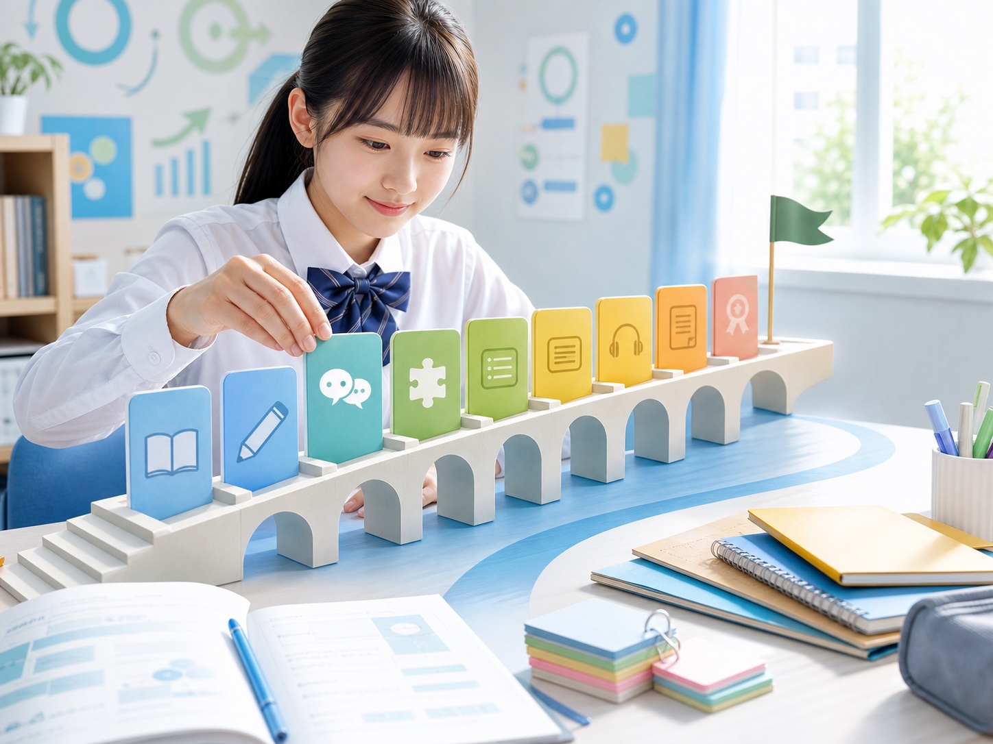 英検®準2級から高校中級程度へ進むための学習ステップを整理するイメージ