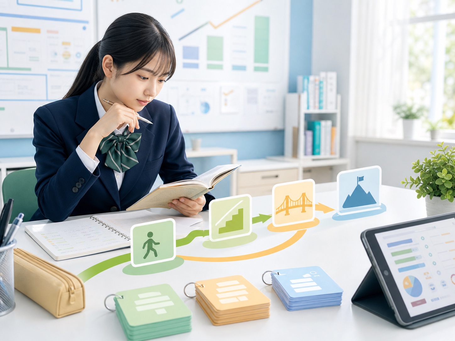 準2級から2級へ向かう学習ロードマップを整理する高校生のイメージ