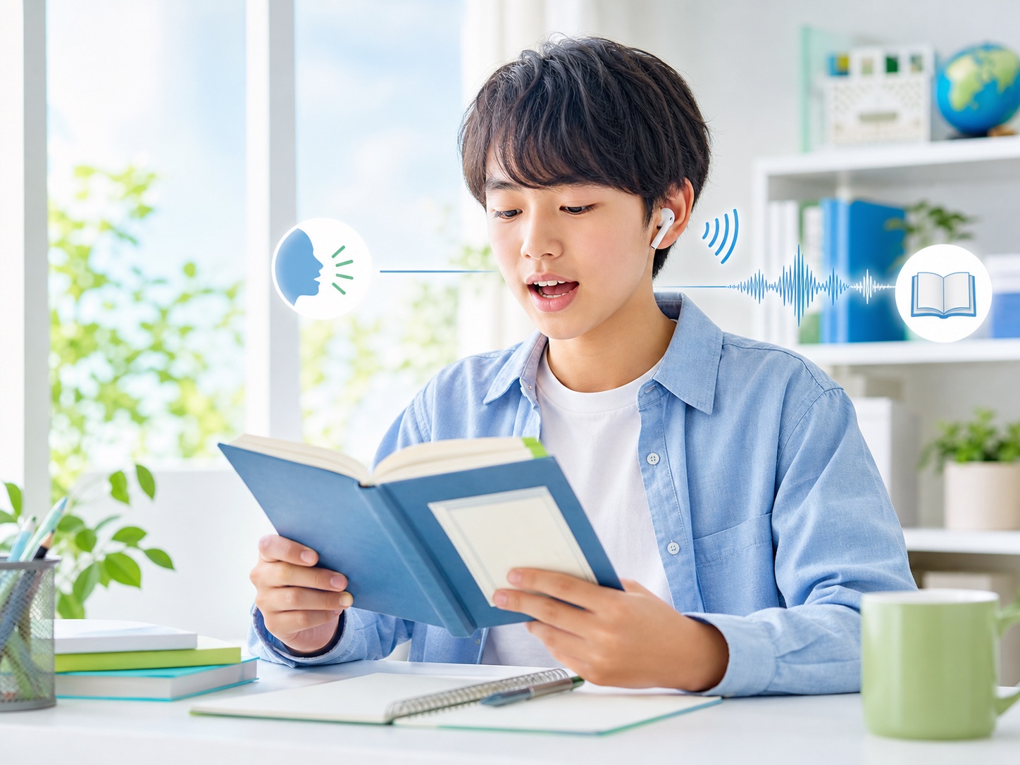 英検®の英文を音読しながら音声を聞く中学生のイメージ