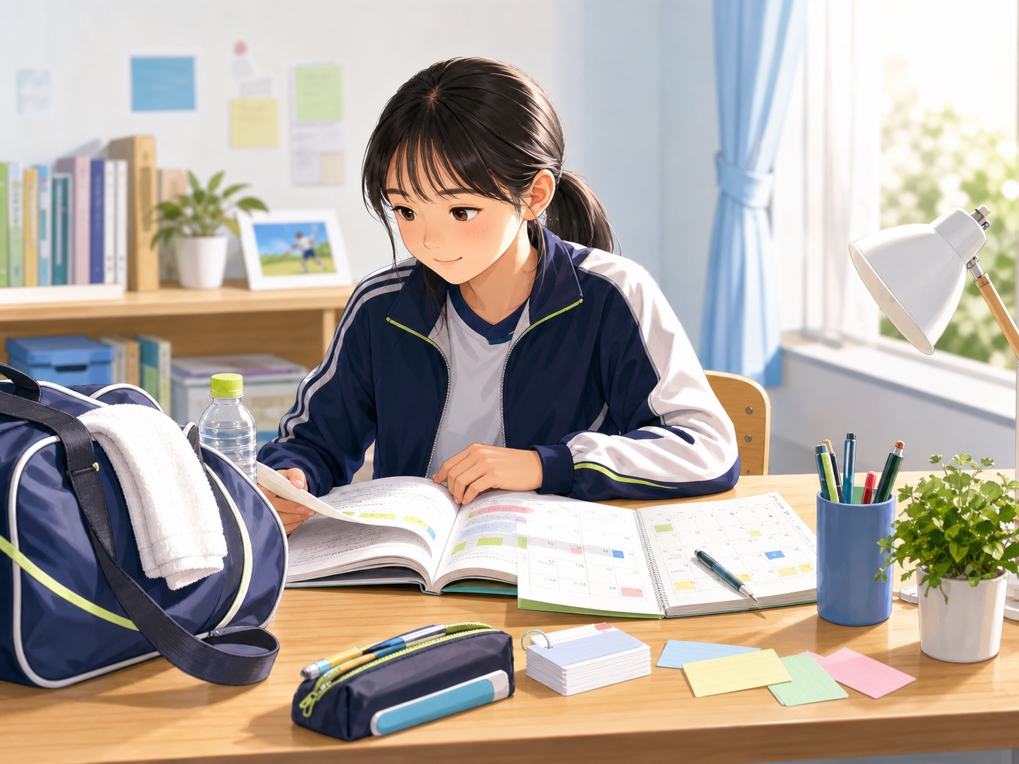 部活のバッグと英検®教材を並べて学習計画を立てる中学生のイメージ