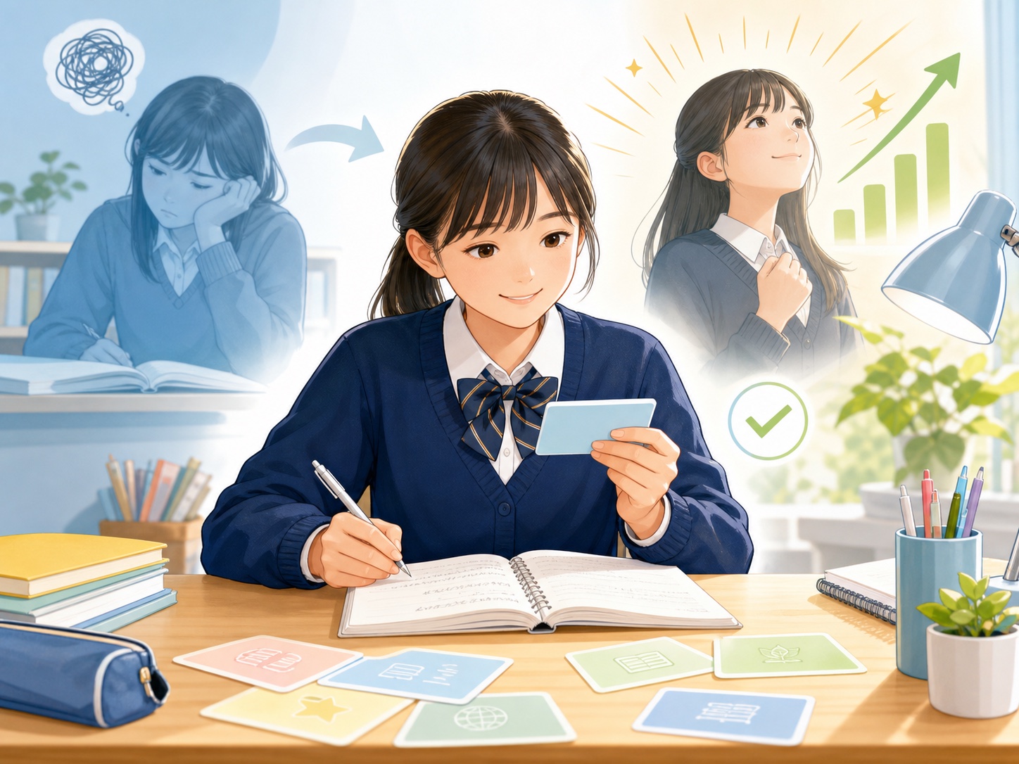 英語が苦手だった中学生が単語カードと音読で少しずつ自信を取り戻すイメージ