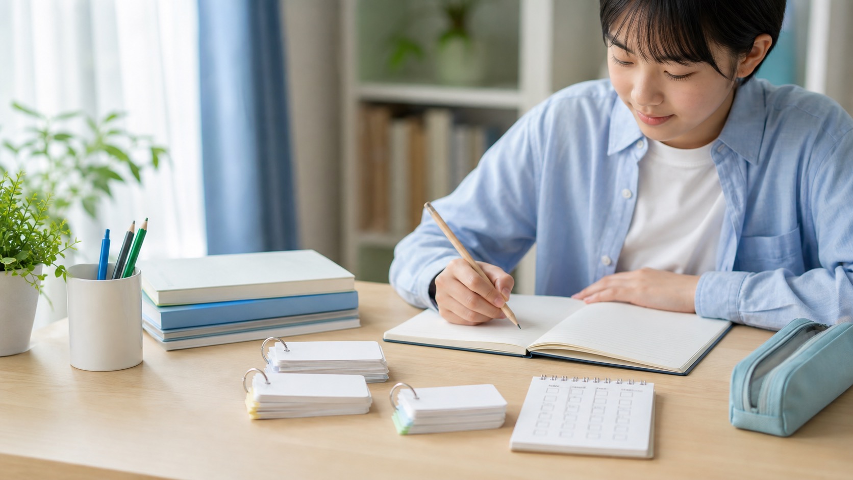 ノートと単語カードで毎日の英検®学習に取り組む生徒