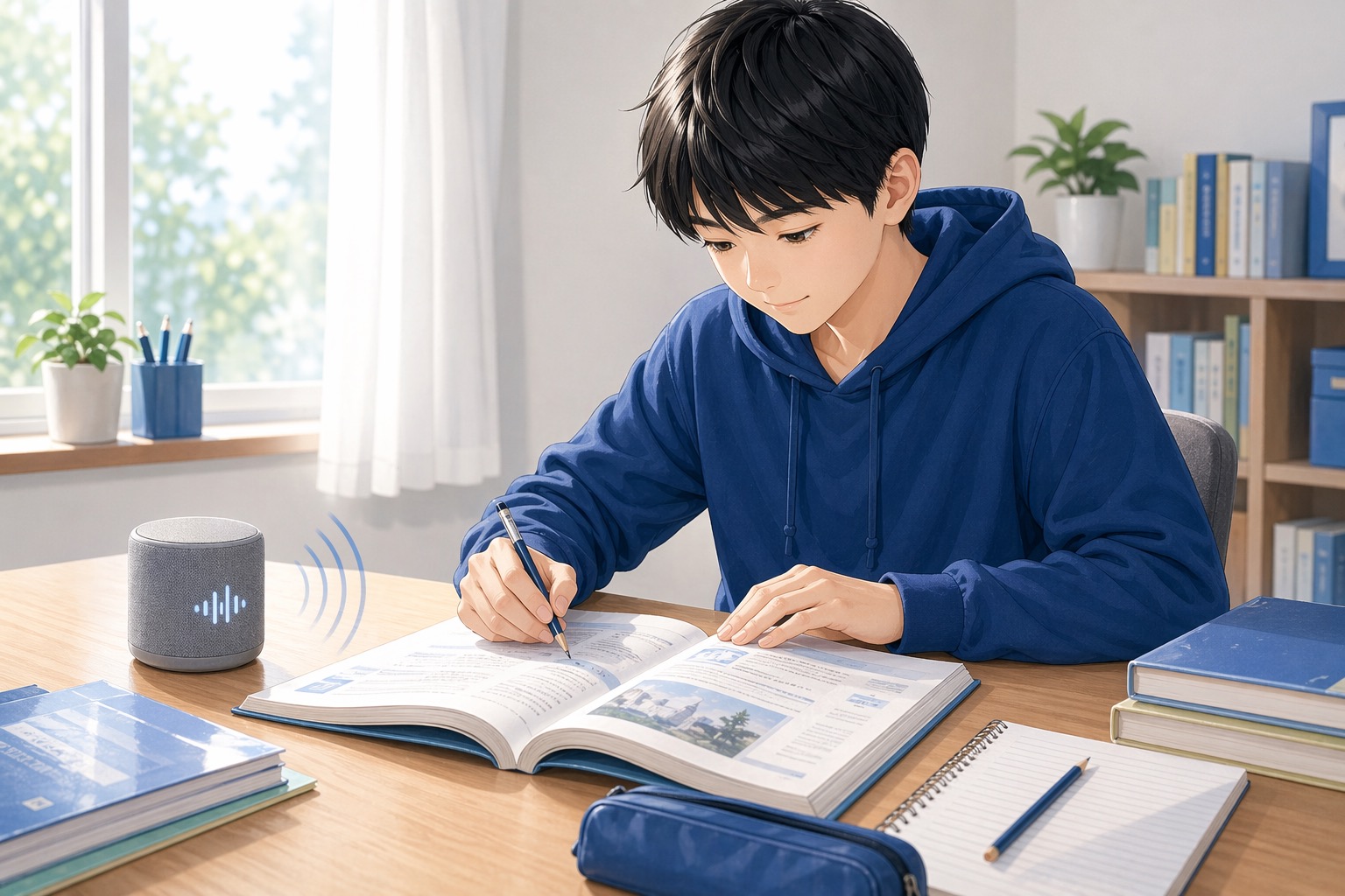 紙の教材と音声を使って読む練習をするイメージ